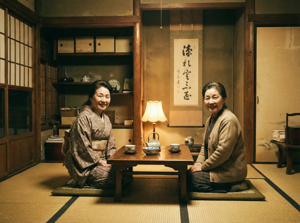 两位优雅的 恐怖愚人节 在日式茶室中品茶交谈